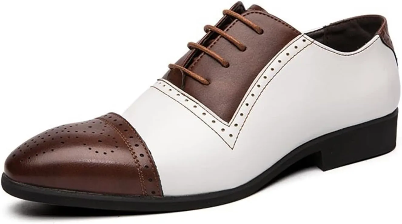 New Shoes Dress Oxford for Men Lace Up Two Tone White and Brown Brogue Cap Toe Vegan Leather Block Heel Anti-Slip Slip Resistant Low Top Rubber Sole