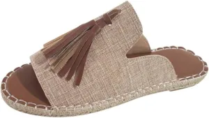 Sandals Women Dressy Summer Flat Slide Casual Espadrille Braided Tassel Hem Open toe Falt Straw Peep toe