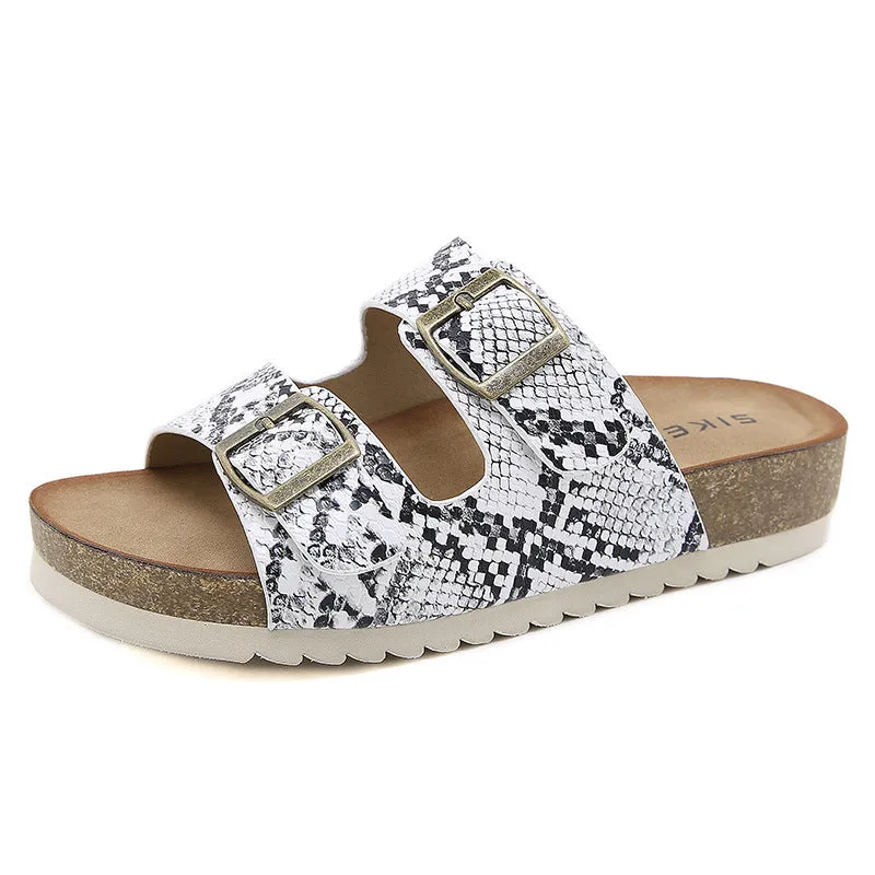 SIKETU | Two Band Snake Pattern Slip-on Cork Sandals