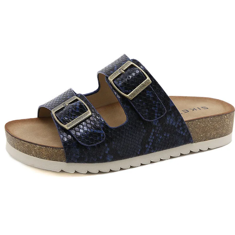 SIKETU | Two Band Snake Pattern Slip-on Cork Sandals