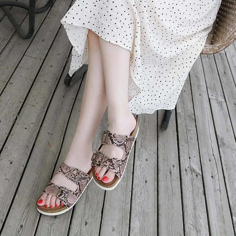 SIKETU | Two Band Snake Pattern Slip-on Cork Sandals