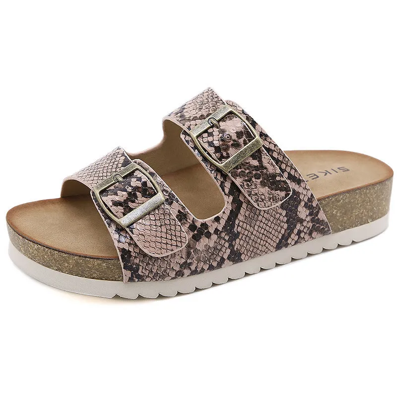 SIKETU | Two Band Snake Pattern Slip-on Cork Sandals