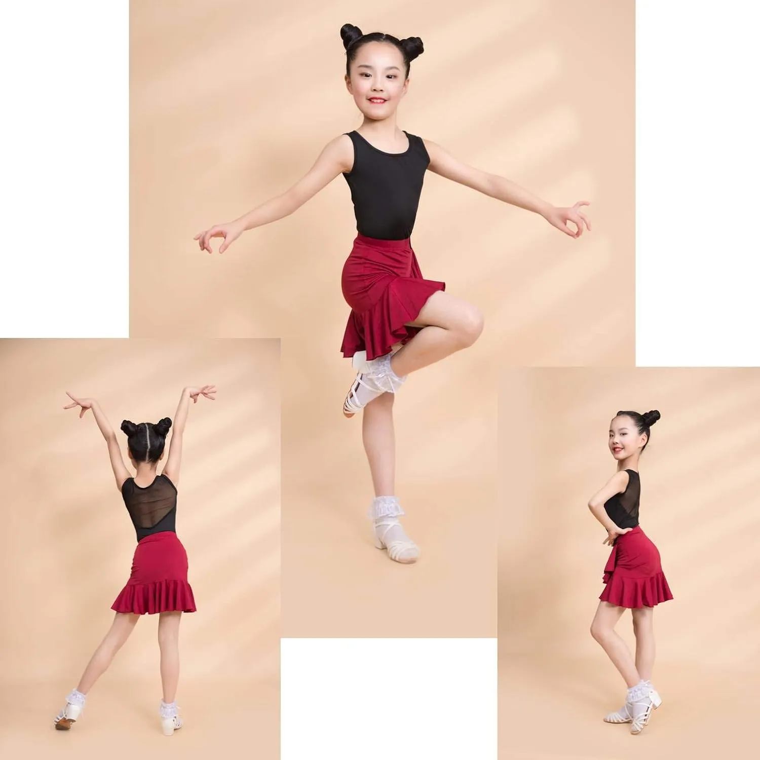 SY2004 Kid Latin Ballroom Dance Professional Cross Lotus Leaf Shape Design Skirt for Girl