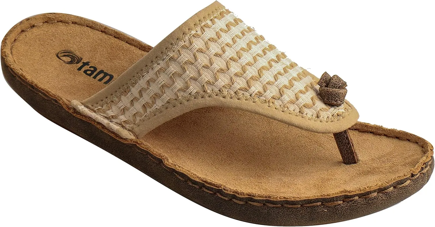 Tamarindo Beachcomber Sandal for Women Leather Softbed Flip Flop - Creme & Tan Weave - 8