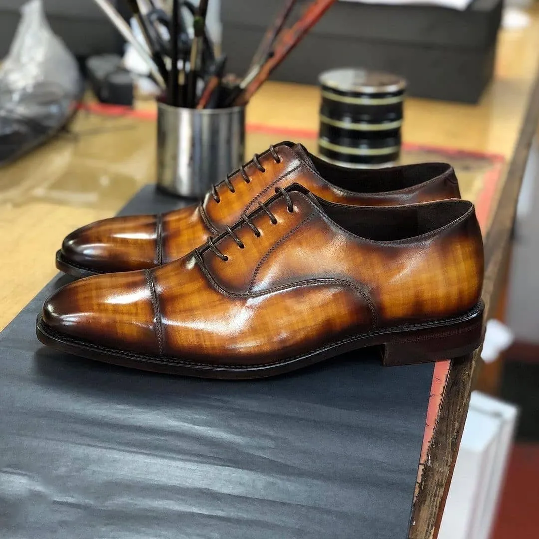 Tan Patina Leather Frankston Toe Cap Oxford Shoes