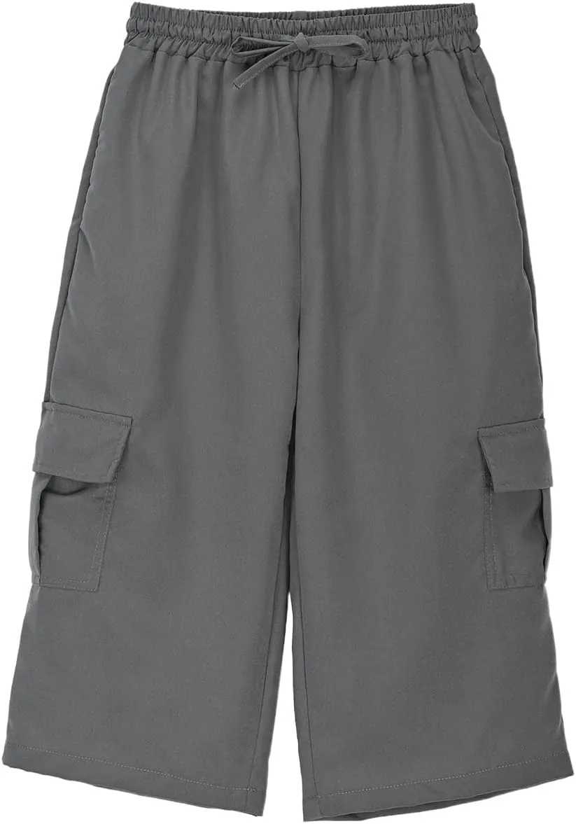 Teen Boys Skinny Cargo 3/4 Pants Fit Drawsting Straight Elastic Waist Casual Slimming Pants Solid Daily Trousers Pockets