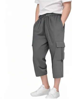 Teen Boys Skinny Cargo 3/4 Pants Fit Drawsting Straight Elastic Waist Casual Slimming Pants Solid Daily Trousers Pockets