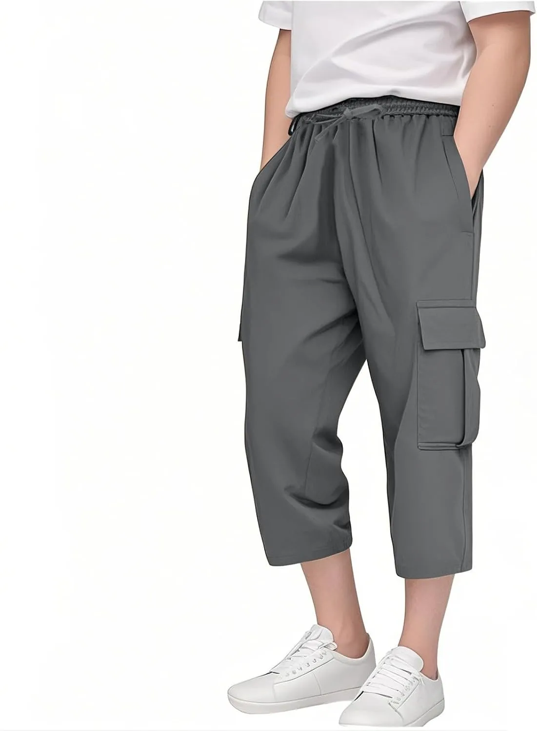 Teen Boys Skinny Cargo 3/4 Pants Fit Drawsting Straight Elastic Waist Casual Slimming Pants Solid Daily Trousers Pockets