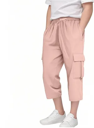 Teen Boys Skinny Cargo 3/4 Pants Fit Drawsting Straight Elastic Waist Casual Slimming Pants Solid Daily Trousers Pockets
