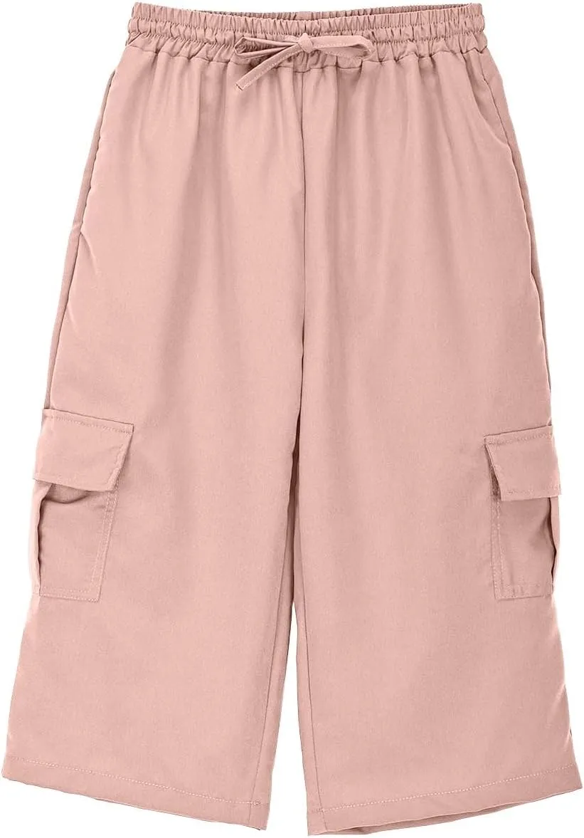 Teen Boys Skinny Cargo 3/4 Pants Fit Drawsting Straight Elastic Waist Casual Slimming Pants Solid Daily Trousers Pockets