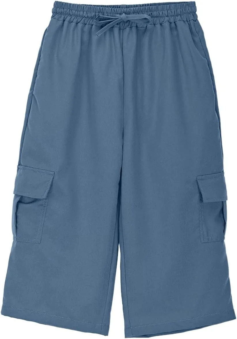 Teen Boys Skinny Cargo 3/4 Pants Fit Drawsting Straight Elastic Waist Casual Slimming Pants Solid Daily Trousers Pockets
