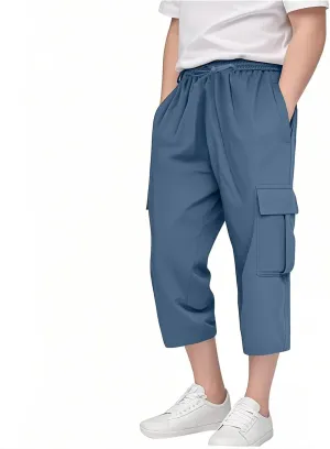 Teen Boys Skinny Cargo 3/4 Pants Fit Drawsting Straight Elastic Waist Casual Slimming Pants Solid Daily Trousers Pockets