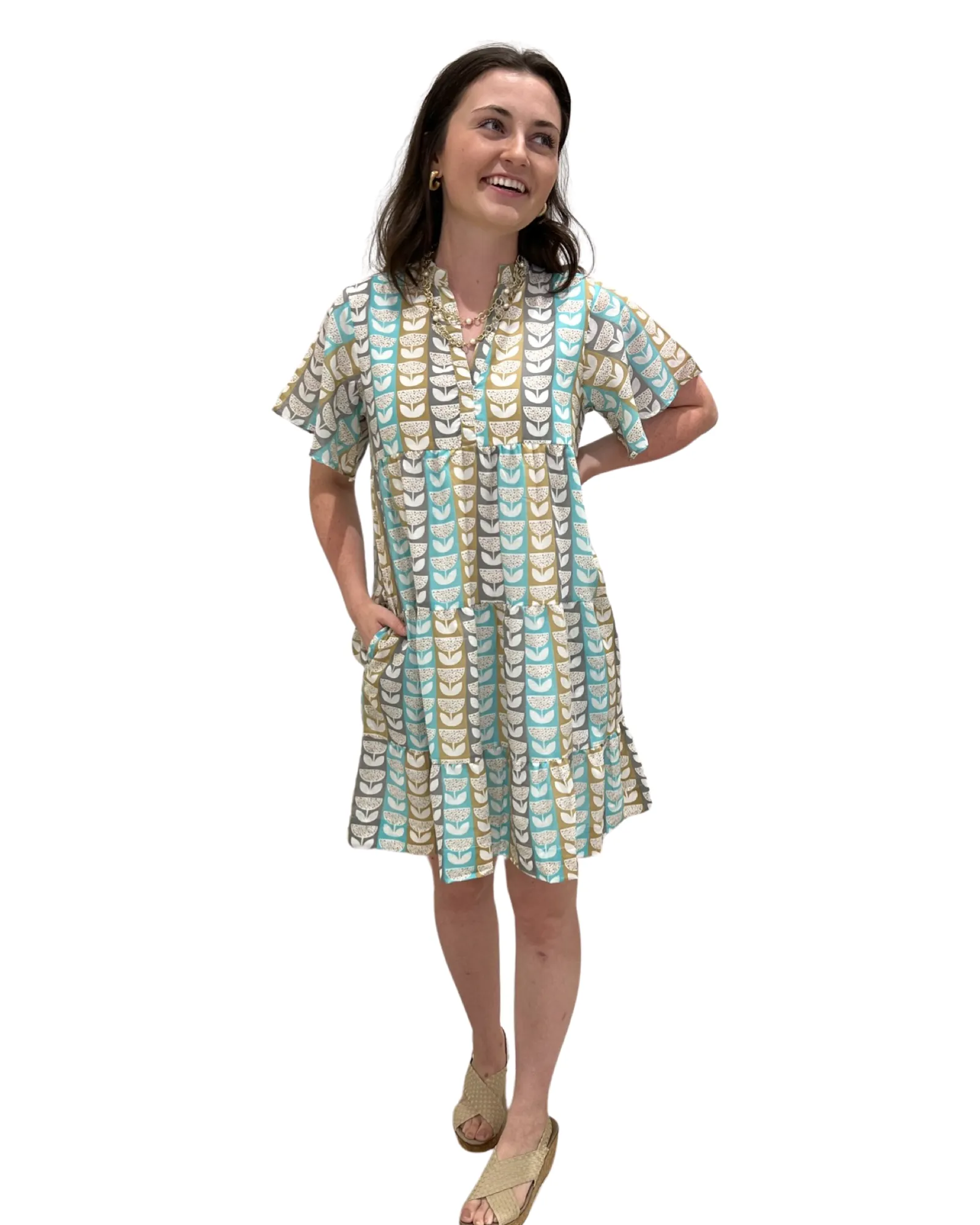 The Pamela Cotton Side Pocket Dress in In Multicolored Stripe Print