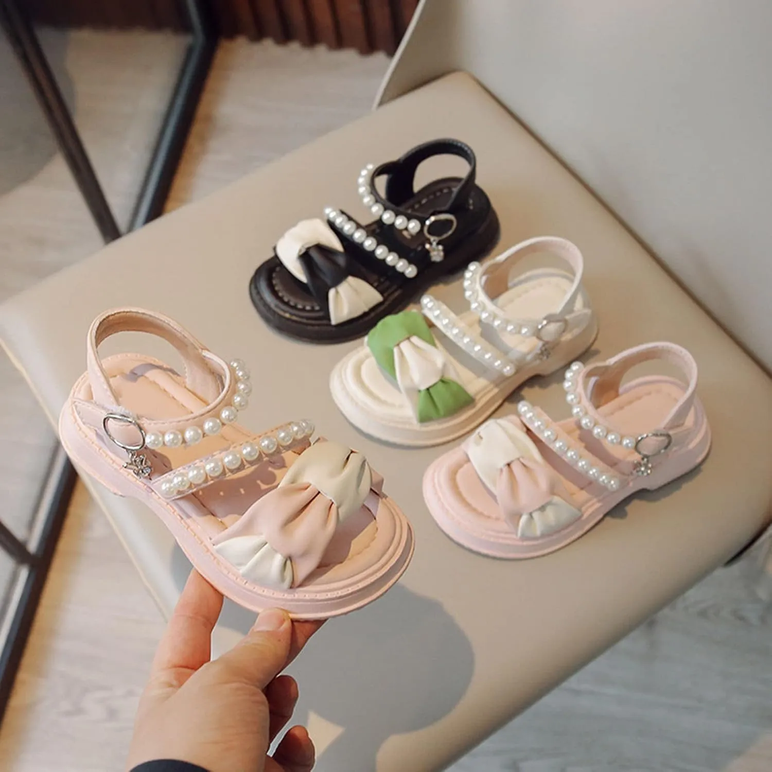 Toddler Kids Girls Low Heel Casual Sandal Solid Hook & Loop Open Toe Outdoor Bowknot Dress Birthday Shoes