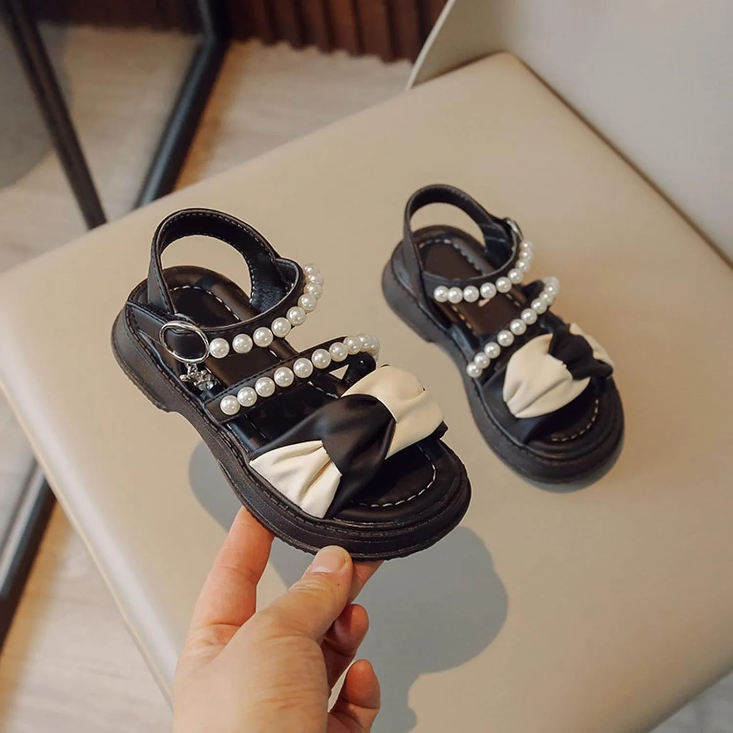 Toddler Kids Girls Low Heel Casual Sandal Solid Hook & Loop Open Toe Outdoor Bowknot Dress Birthday Shoes