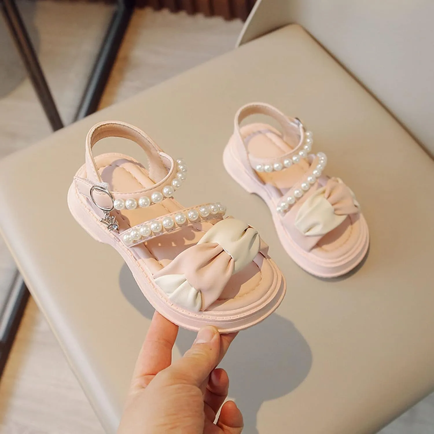 Toddler Kids Girls Low Heel Casual Sandal Solid Hook & Loop Open Toe Outdoor Bowknot Dress Birthday Shoes