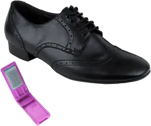 Very Fine Dance Shoes - Mens Standard, Smooth, Waltz Ballroom Dance Shoes - PP301-1-inch Heel and Foldable Brush Bundle - Black Leather - 10