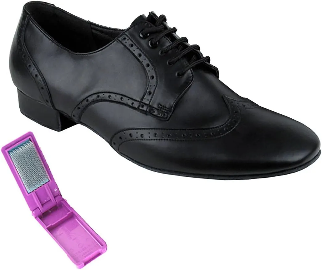 Very Fine Dance Shoes - Mens Standard, Smooth, Waltz Ballroom Dance Shoes - PP301-1-inch Heel and Foldable Brush Bundle - Black Leather - 10