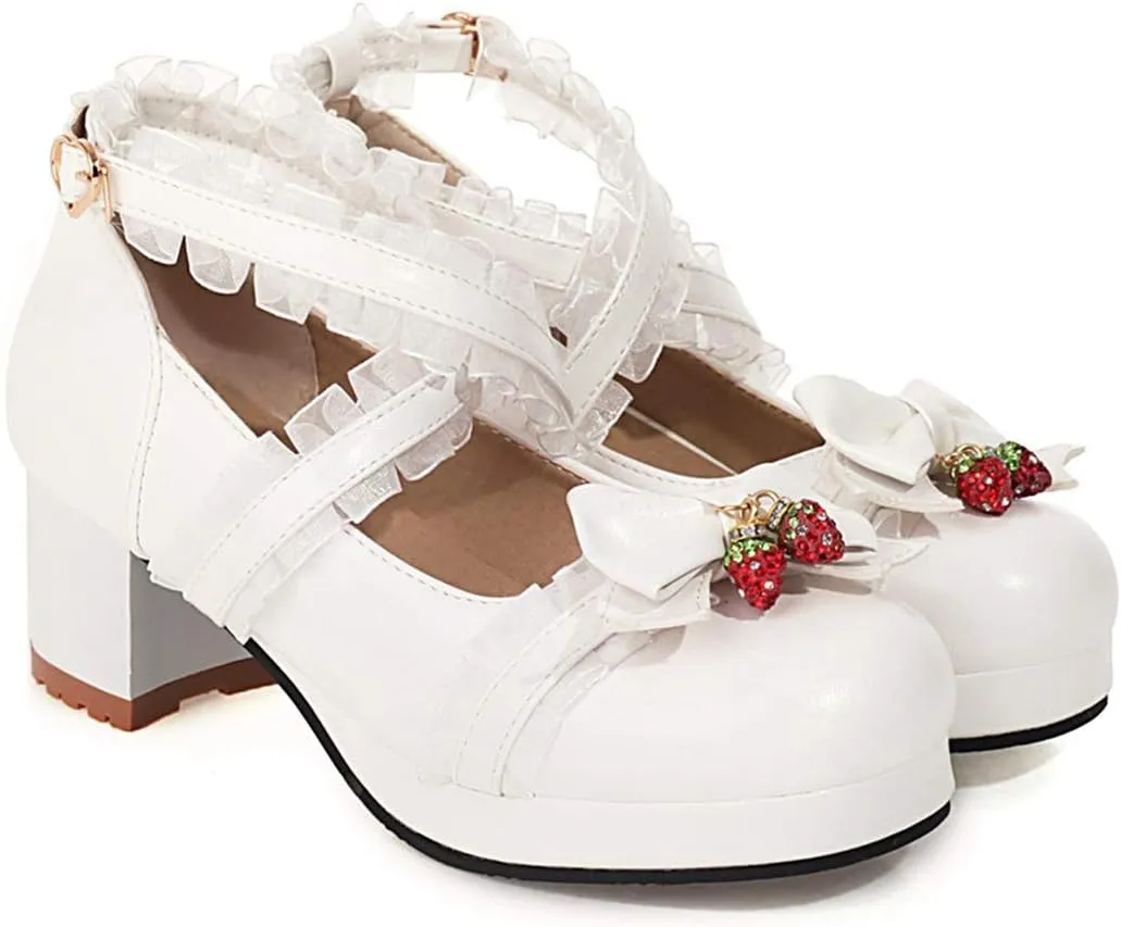 VOKLIN Women's Girls Lolita Mary Jane Shoes Sweet Bow Cross Ankle Strap Mid Heel Cosplay Oxford Dress Pumps