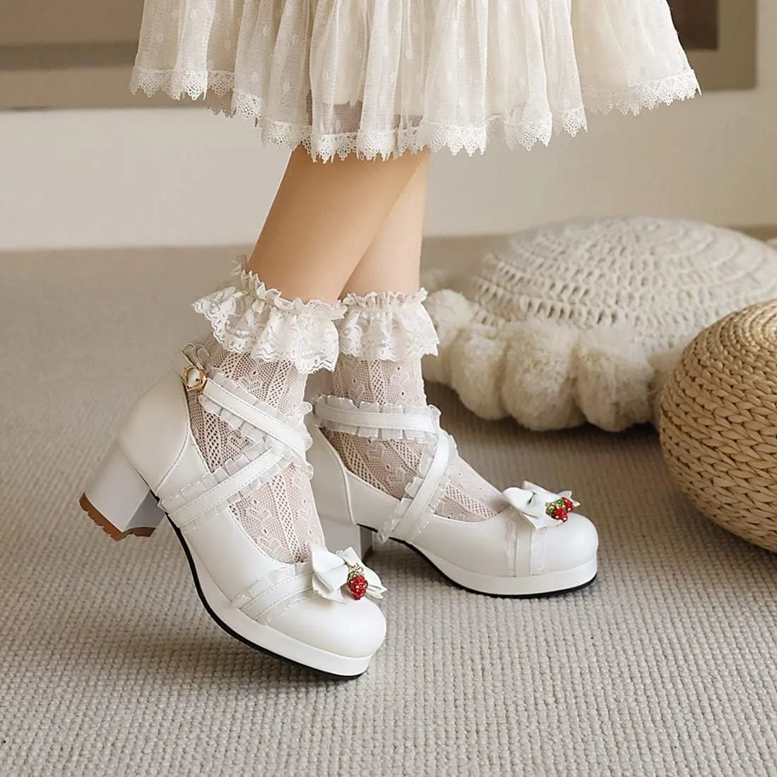VOKLIN Women's Girls Lolita Mary Jane Shoes Sweet Bow Cross Ankle Strap Mid Heel Cosplay Oxford Dress Pumps