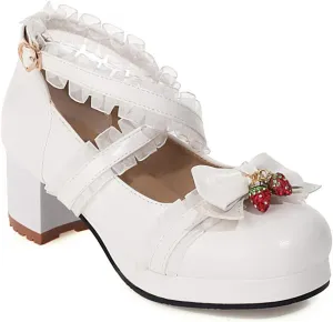 VOKLIN Women's Girls Lolita Mary Jane Shoes Sweet Bow Cross Ankle Strap Mid Heel Cosplay Oxford Dress Pumps