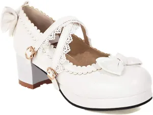 VOKLIN Women's Girls Lolita Mary Jane Shoes Sweet Bow Cross Ankle Strap Mid Heels Cosplay Oxford Dress Pumps