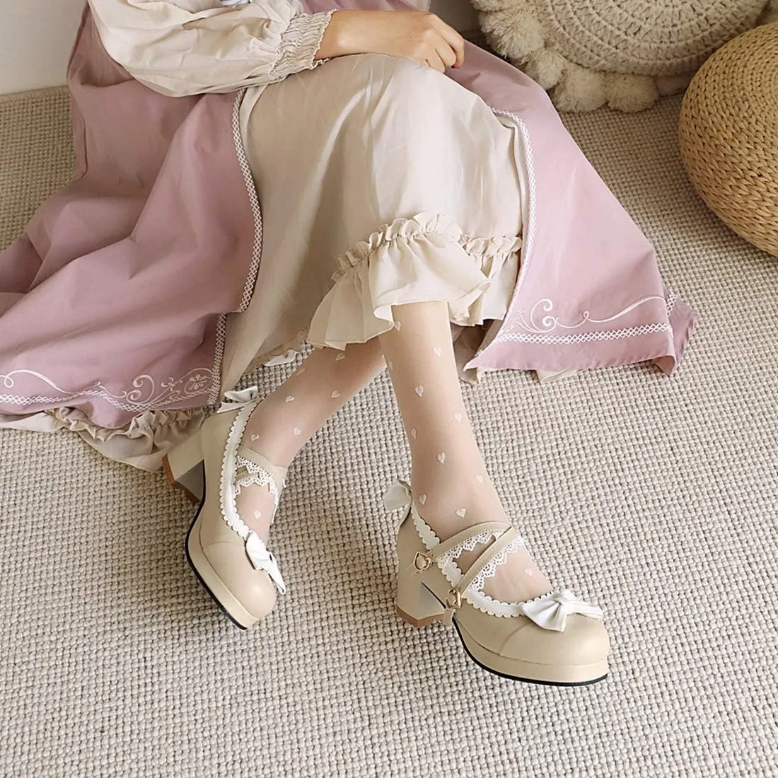 VOKLIN Women's Girls Lolita Mary Jane Shoes Sweet Bow Cross Ankle Strap Mid Heels Cosplay Oxford Dress Pumps