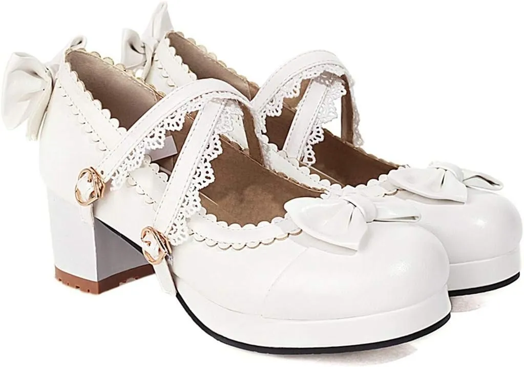 VOKLIN Women's Girls Lolita Mary Jane Shoes Sweet Bow Cross Ankle Strap Mid Heels Cosplay Oxford Dress Pumps