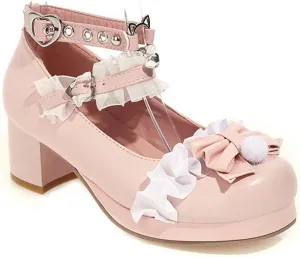 VOKLIN Women's Girls Lolita Mary Jane Shoes Sweet Bow Lace Ankle Strap Mid Heel Cosplay Oxford Dress Pumps