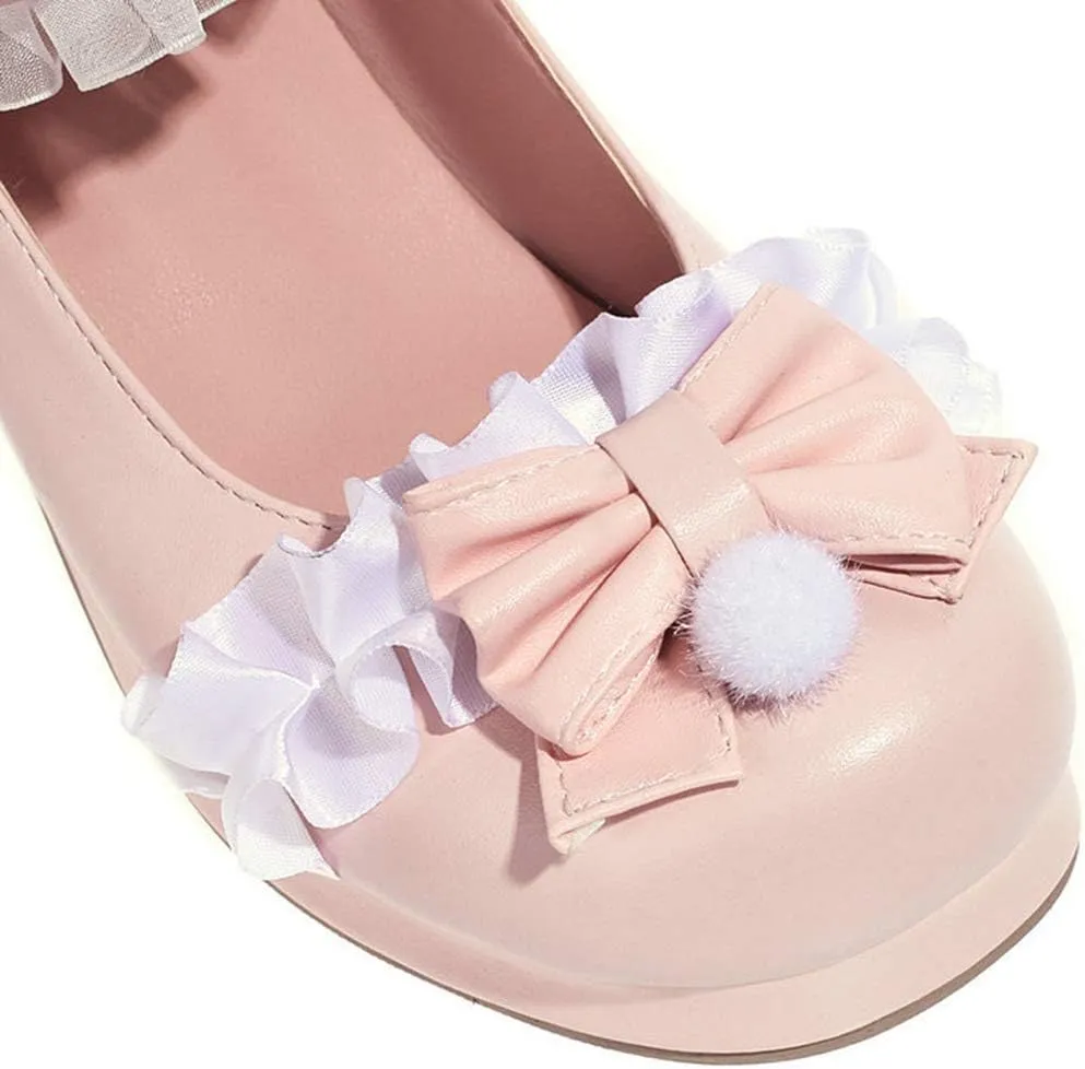 VOKLIN Women's Girls Lolita Mary Jane Shoes Sweet Bow Lace Ankle Strap Mid Heel Cosplay Oxford Dress Pumps