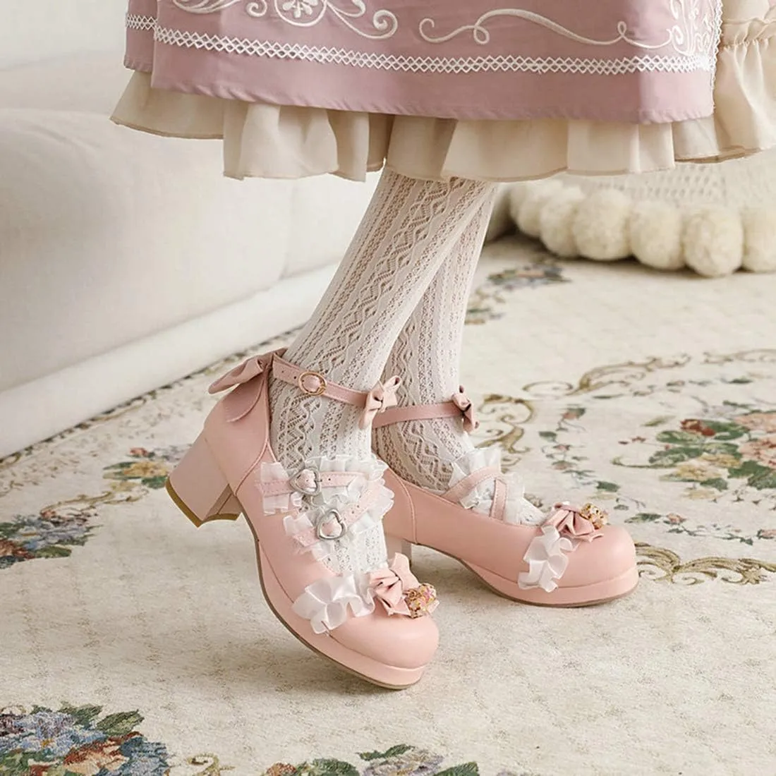 VOKLIN Women's Girls Lolita Mary Jane Shoes Sweet Bow Lace Cross Strap Mid Heel Cosplay Oxford Dress Pumps