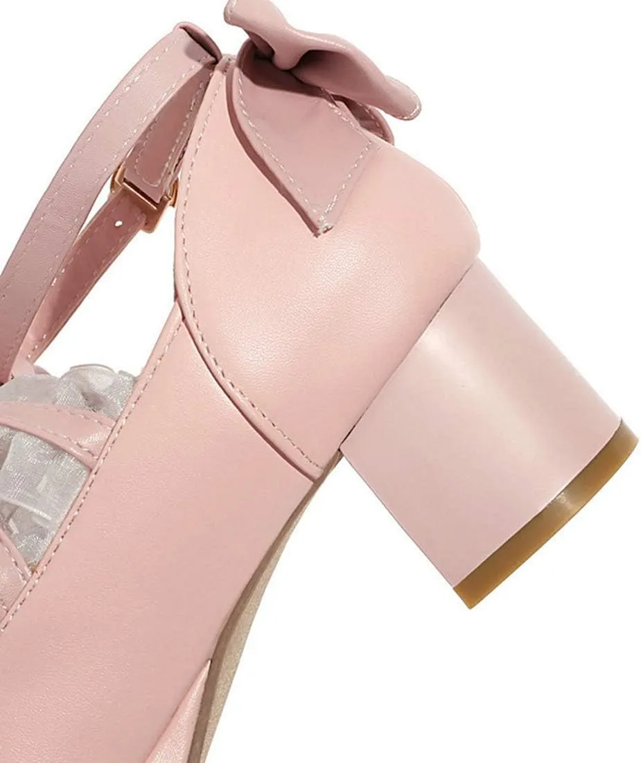 VOKLIN Women's Girls Lolita Mary Jane Shoes Sweet Bow Lace Cross Strap Mid Heel Cosplay Oxford Dress Pumps