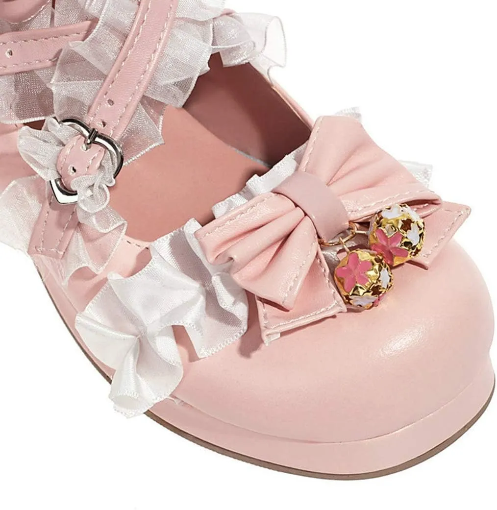 VOKLIN Women's Girls Lolita Mary Jane Shoes Sweet Bow Lace Cross Strap Mid Heel Cosplay Oxford Dress Pumps