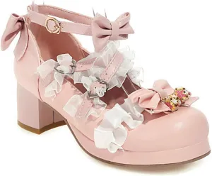 VOKLIN Women's Girls Lolita Mary Jane Shoes Sweet Bow Lace Cross Strap Mid Heel Cosplay Oxford Dress Pumps