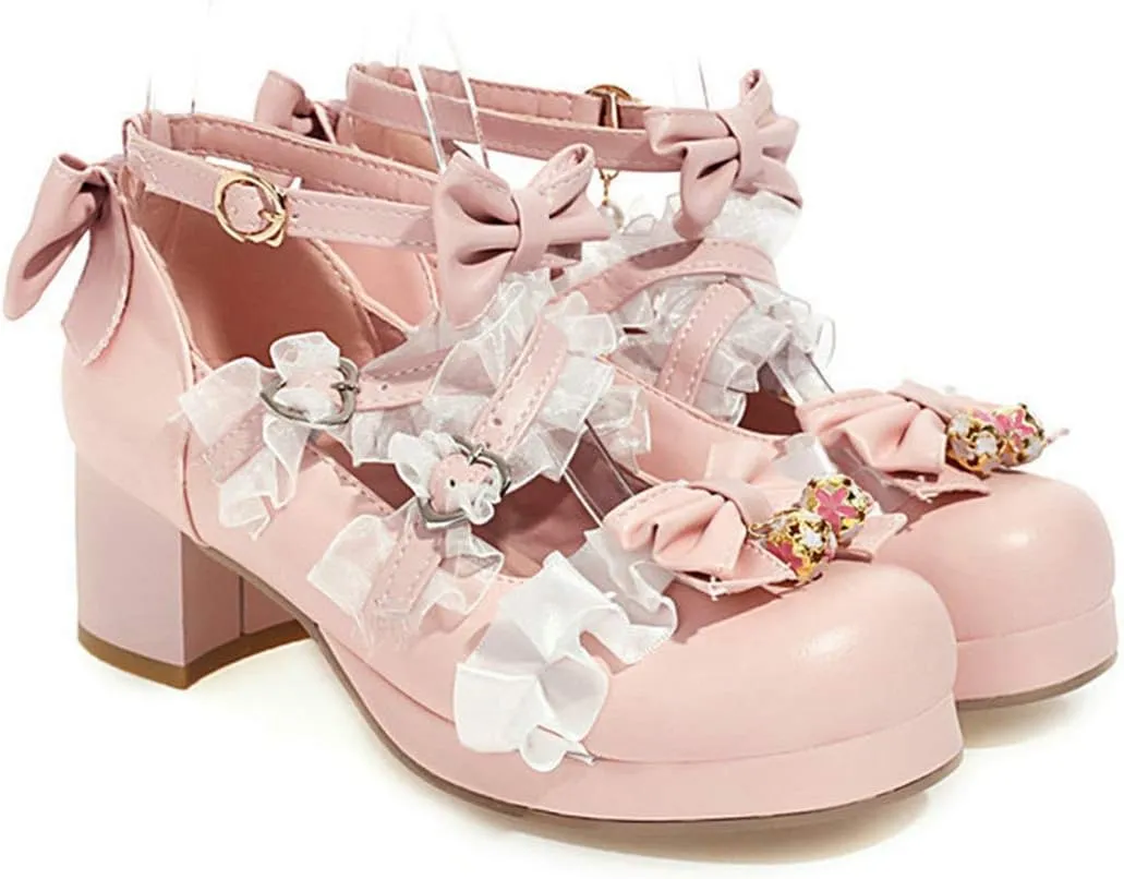 VOKLIN Women's Girls Lolita Mary Jane Shoes Sweet Bow Lace Cross Strap Mid Heel Cosplay Oxford Dress Pumps