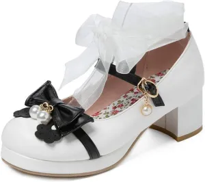 VOKLIN Women's Girls Lolita Mary Janes Pumps Sweet Bow Lace Ankle Strap Mid Heels Cosplay Oxford Dress Shoes