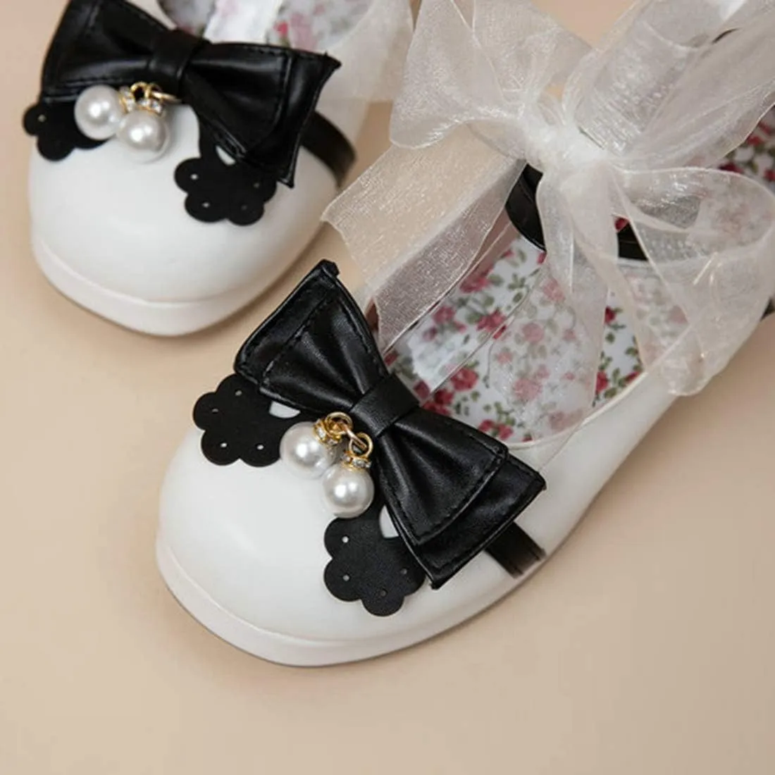 VOKLIN Women's Girls Lolita Mary Janes Pumps Sweet Bow Lace Ankle Strap Mid Heels Cosplay Oxford Dress Shoes