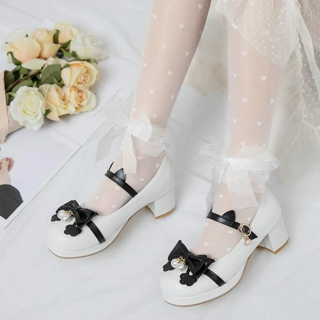 VOKLIN Women's Girls Lolita Mary Janes Pumps Sweet Bow Lace Ankle Strap Mid Heels Cosplay Oxford Dress Shoes