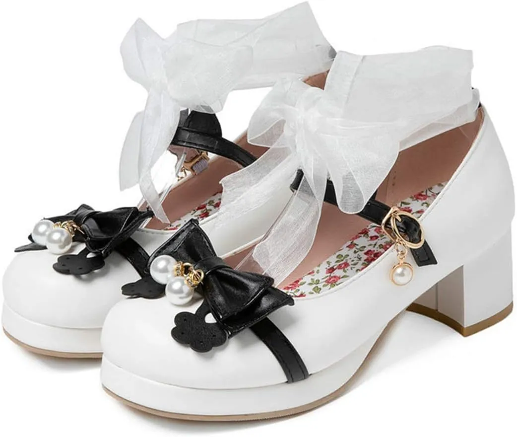 VOKLIN Women's Girls Lolita Mary Janes Pumps Sweet Bow Lace Ankle Strap Mid Heels Cosplay Oxford Dress Shoes