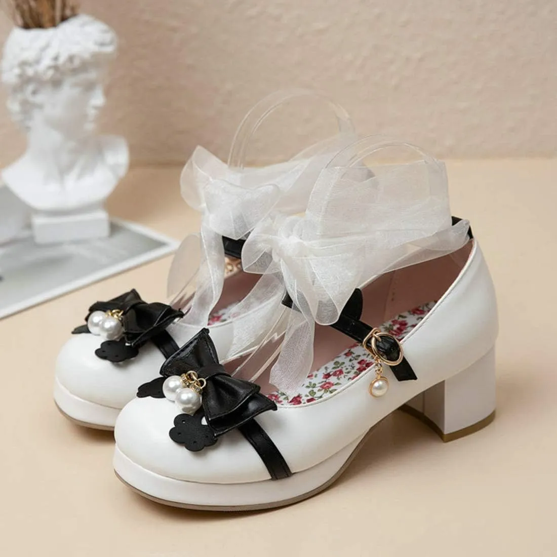 VOKLIN Women's Girls Lolita Mary Janes Pumps Sweet Bow Lace Ankle Strap Mid Heels Cosplay Oxford Dress Shoes