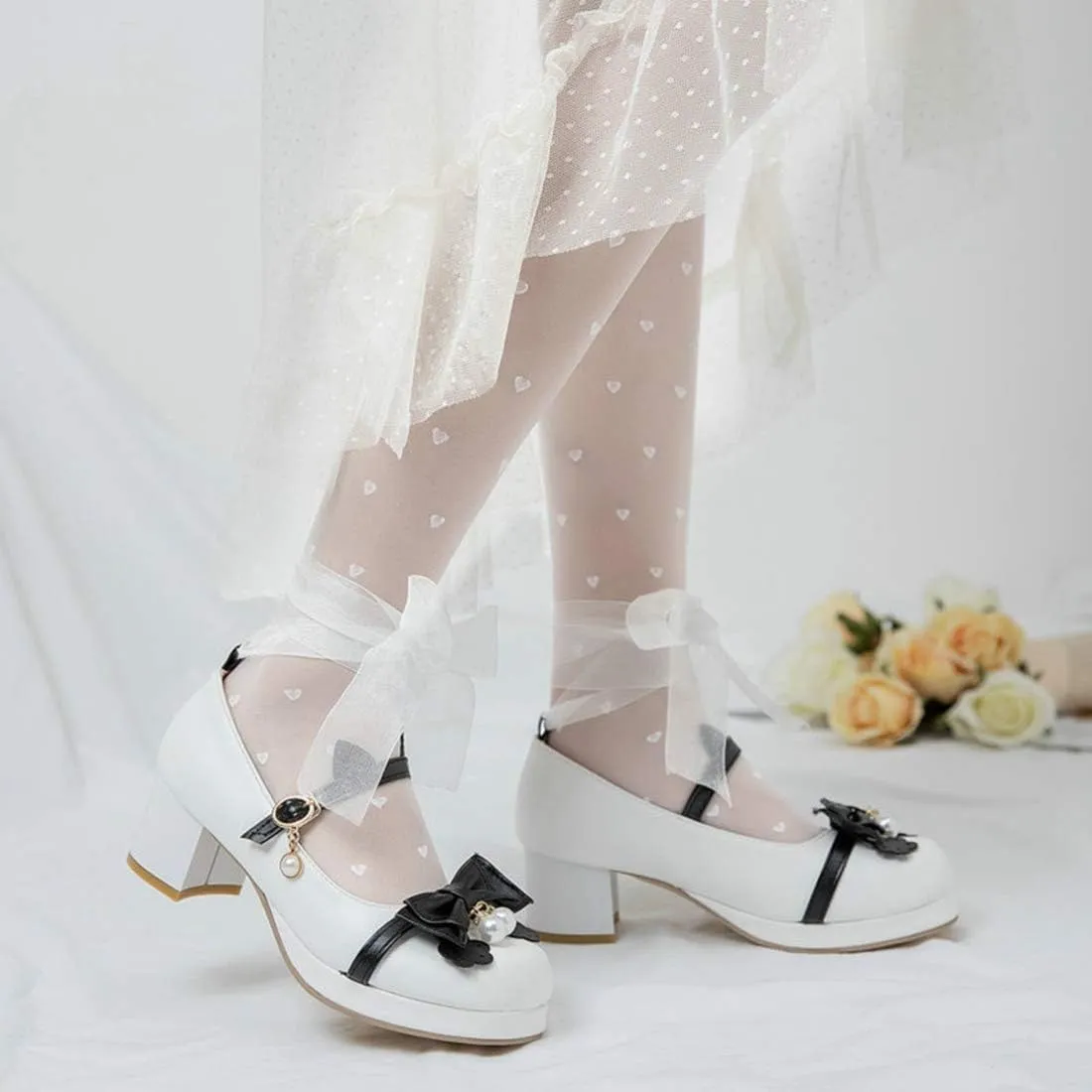 VOKLIN Women's Girls Lolita Mary Janes Pumps Sweet Bow Lace Ankle Strap Mid Heels Cosplay Oxford Dress Shoes
