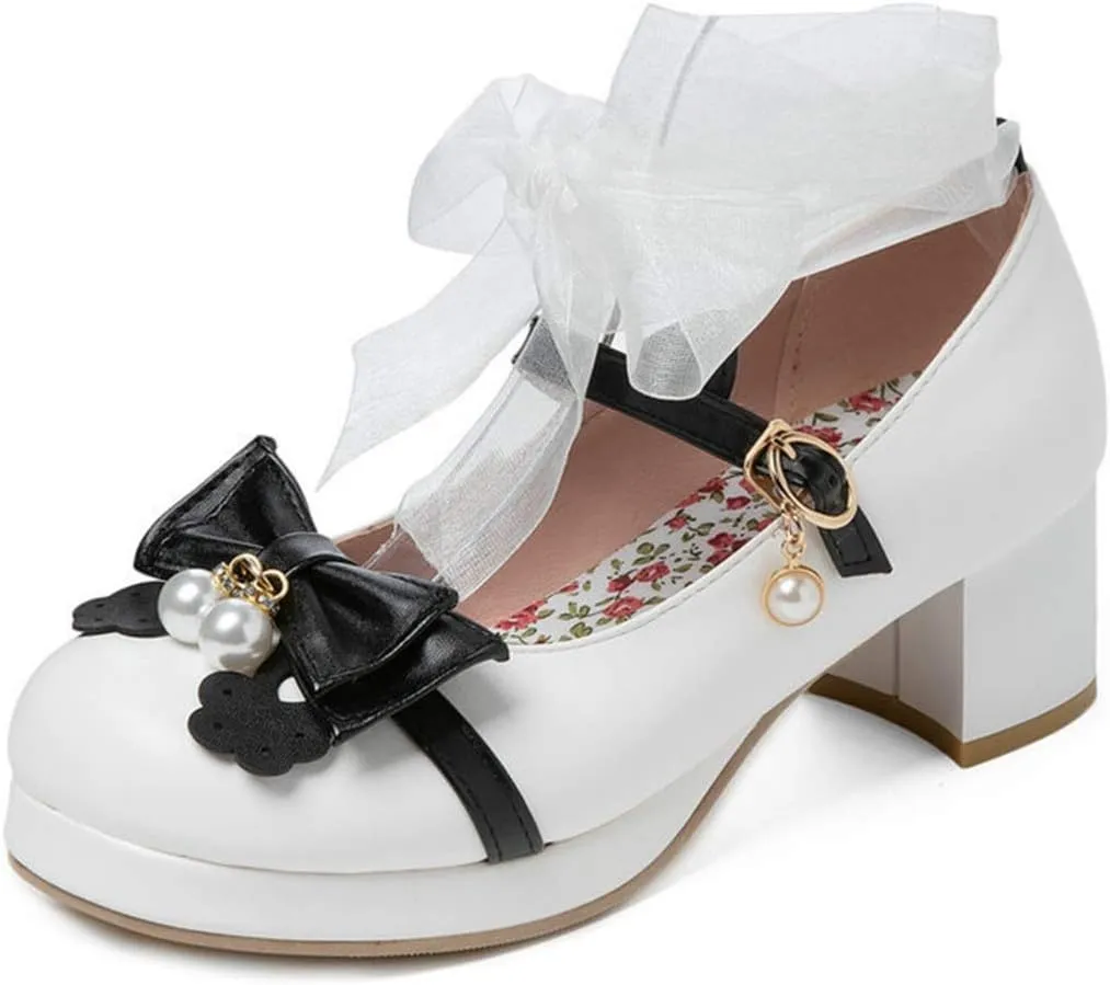 VOKLIN Women's Girls Lolita Mary Janes Pumps Sweet Bow Lace Ankle Strap Mid Heels Cosplay Oxford Dress Shoes