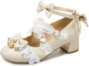 VOKLIN Women's Girls Lolita Princess Mary Jane Pumps Sweet Bow Lace Ankle Strap Low Heel Oxford Dress Shoes