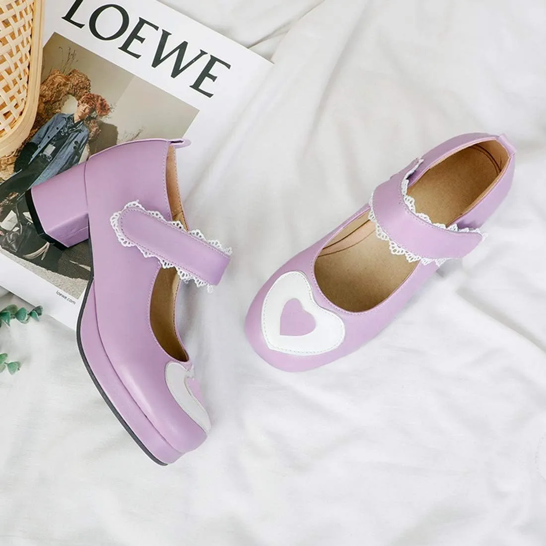 VOKLIN Women's Girls Platform Mary Jane Pumps Ankle Strap Hook-and-Loop Block Mid Heel Oxford Dress Shoes