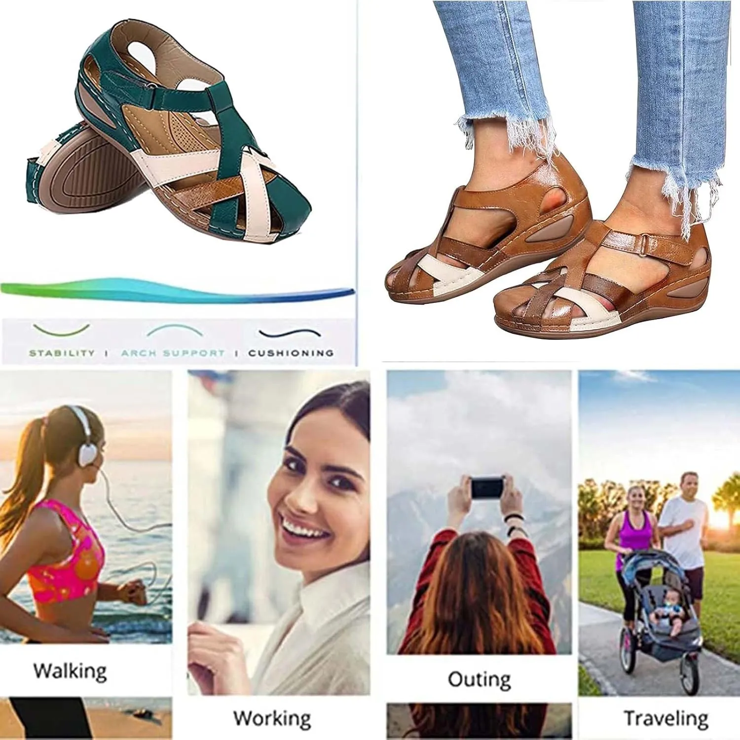 Wedge Sandals for Women,Orthopedic Closed Toe Sandals,Comfort Walking Flat Sandals Hook and Loop Low Heel Athletic Wedge Sandals Summer Beach Bohemia Sandals