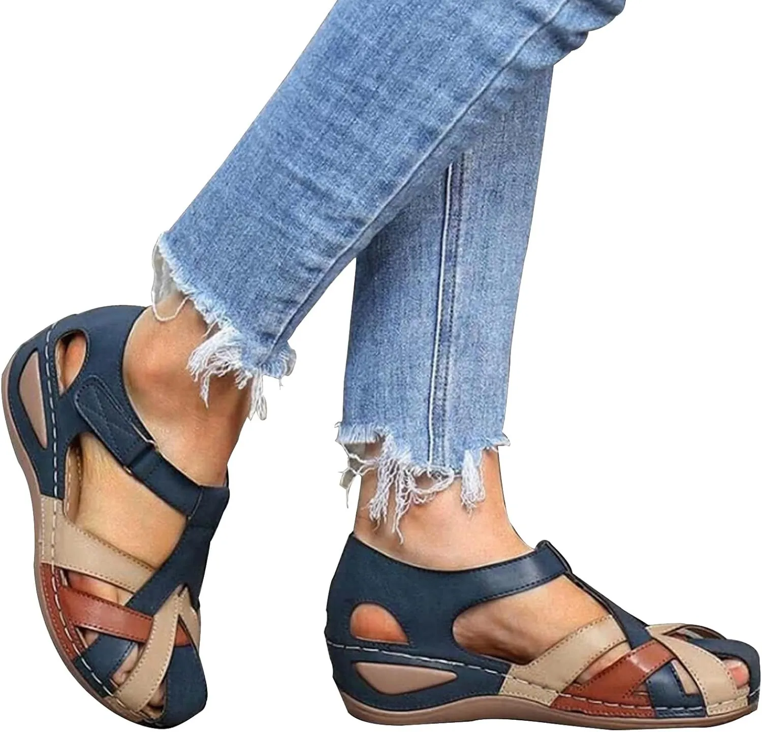 Wedge Sandals for Women,Orthopedic Closed Toe Sandals,Comfort Walking Flat Sandals Hook and Loop Low Heel Athletic Wedge Sandals Summer Beach Bohemia Sandals