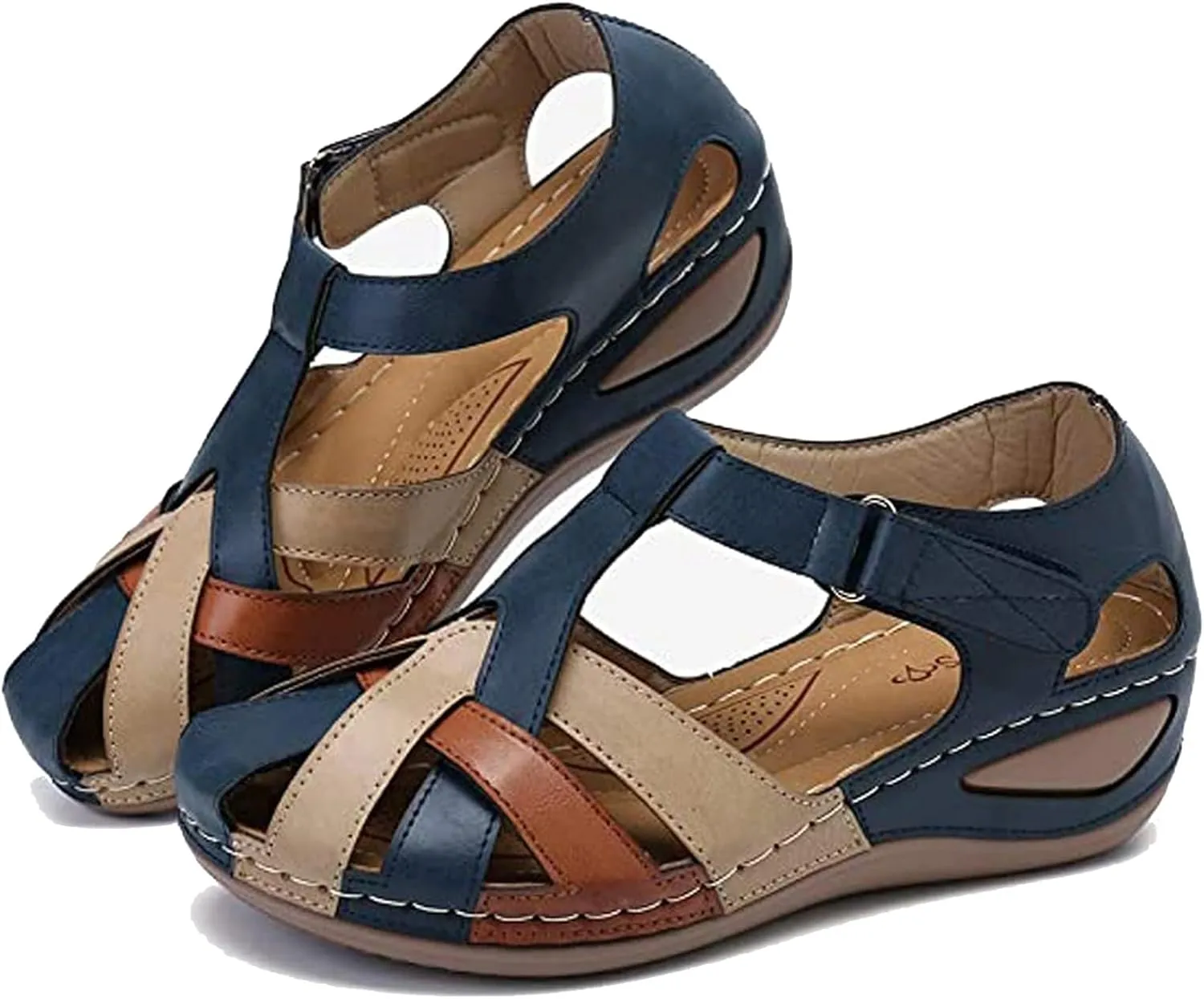 Wedge Sandals for Women,Orthopedic Closed Toe Sandals,Comfort Walking Flat Sandals Hook and Loop Low Heel Athletic Wedge Sandals Summer Beach Bohemia Sandals