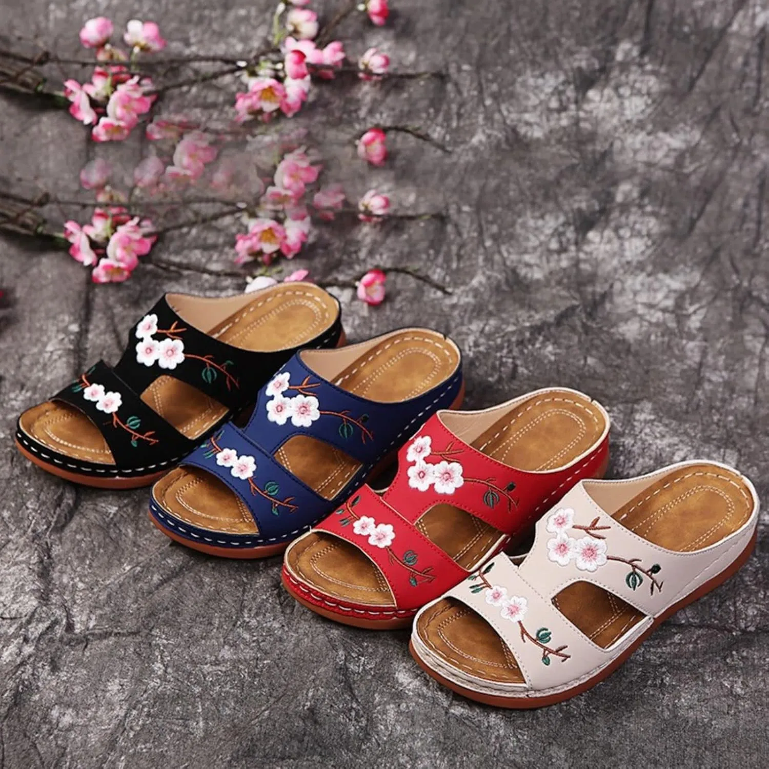 Women Sandals Flower Embroidered Wedge Flat Slipper Casual Open Toe Slip-on Slides Lightweight Comfory Outdoor Shoes