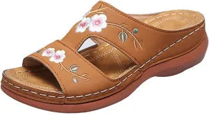 Women Sandals Flower Embroidered Wedge Flat Slipper Casual Open Toe Slip-on Slides Lightweight Comfory Outdoor Shoes