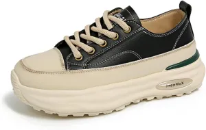 Womens Fashion Leather Platform Lace Up Sneakers Casual Round Toe Non Slip Flat Loafers Walking Workout Shoes